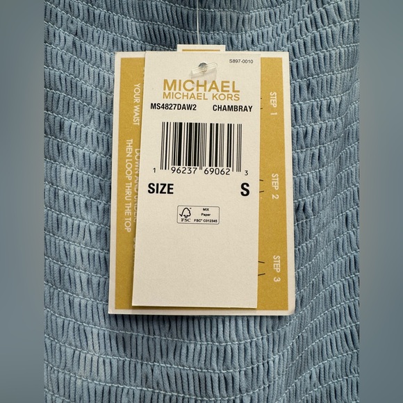 NWT Michael Kors Georgette Chambray Print Smocked Maxi Dress, Sz S - Picture 3 of 4